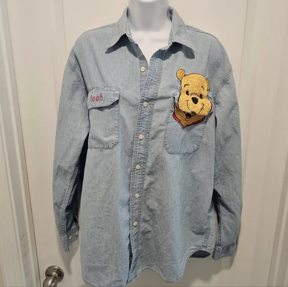 Winnie The Pooh Bear Embroidered Blue Denim Button Down Shirt Disney Store Med - Picture 2 of 6